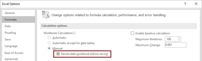 Open Excel formula settings and check the box Recalculate workbook before saving