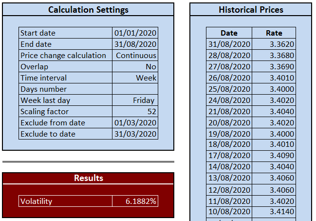 Example of Calculation Settings in risk and performance measures workbook