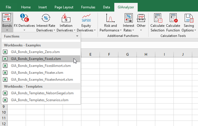 GIAnalyzer screenshot: Excel workbooks available in the Bonds Module