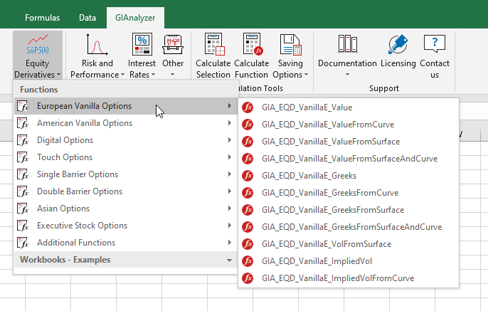 GIAnalyzer screenshot: functions available in the Equity Derivatives Module