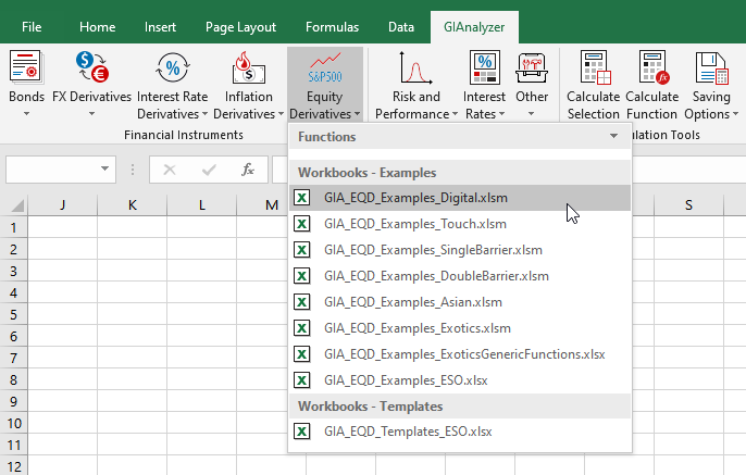 GIAnalyzer screenshot: Excel workbooks available in the Equity Derivatives Module