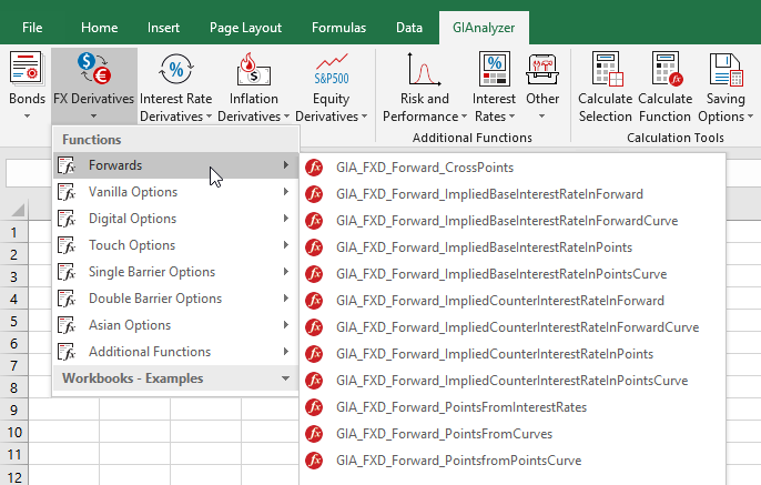 GIAnalyzer screenshot: functions available in the Foreign Exchange Derivatives Module