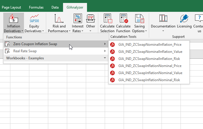 GIAnalyzer screenshot: functions available in the Inflation Derivatives Module