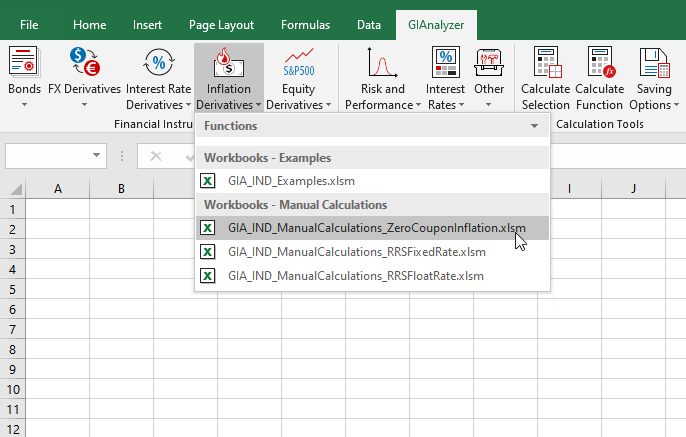 GIAnalyzer screenshot: Excel workbooks available in the Inflation Derivatives Module