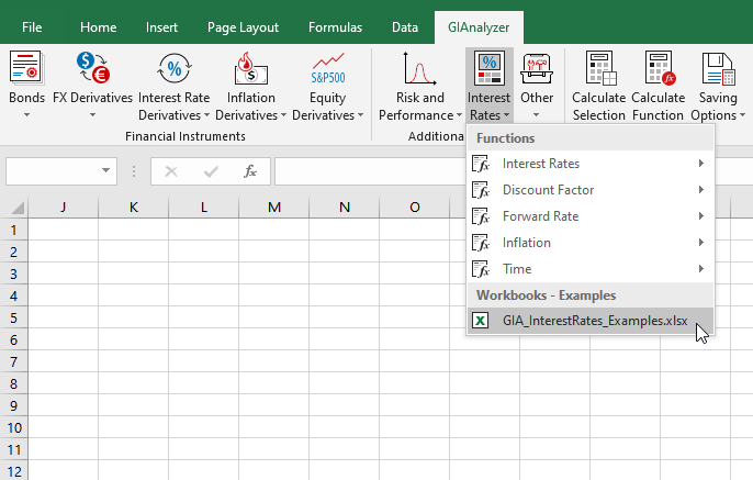 GIAnalyzer screenshot: Excel workbooks available in the Interest Rates Module