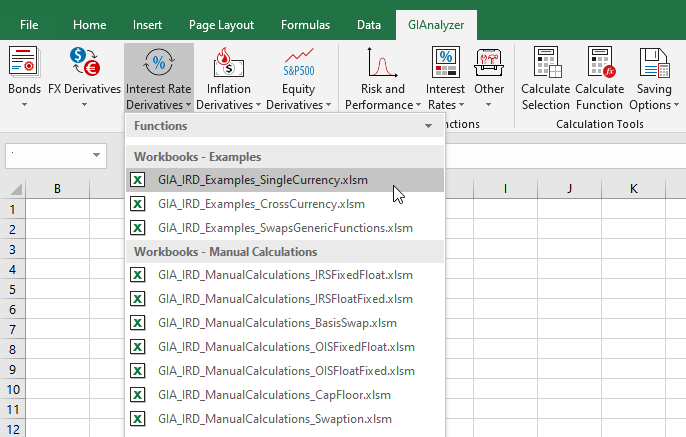 GIAnalyzer screenshot: Excel workbooks available in the Interest Rate Derivatives Module